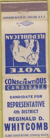 Matchbook Cover - Reginald Whitcomb republican RI WORN