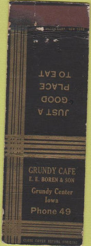 Matchbook Cover - Grundy Cafe Grundy Center IA WORN 1920's? Long