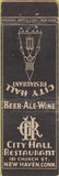 Matchbook Cover - City Hall Restaurant New Haven CT Federal Long