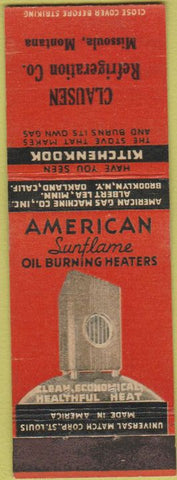 Matchbook Cover - American Sunflate Oil Heaters Clausen Missoula MT