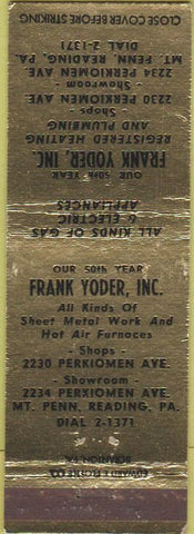 Matchbook Cover - Frank Yoder Heating Plumbing Mount Penn Reading PA