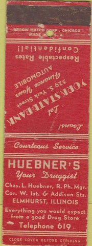 Matchbook Cover - Huebner's Drugs Elmhurst IL Arrow WORN