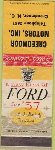 Matchbook Cover - Creedmoor Motors Inc Creedmoor NC POOR 1957 Ford
