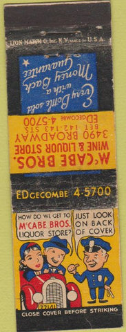 Matchbook Cover - McCabe Bros Win Liquor Store New York City long WEAR