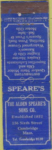 Matchbook Cover - Alden Speare's Sons Cambridge MA oil gas Quaker State WORN