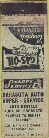 Matchbook Cover - Sarasota Auto Pure oil gas FL POOR