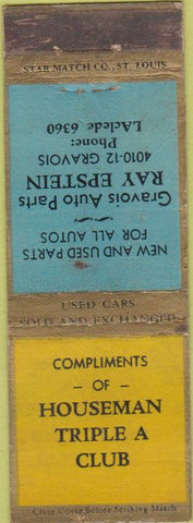 Matchbook Cover - Houseman Triple A Club Auto Parts Cars Star St Louis MO WEAR