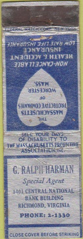Matchbook Cover - Ralph Harman Insurance Federal long Richmond VA POOR