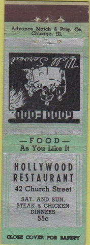 Matchbook Cover - Hollywood Restaurant Advance Match NO TOWN