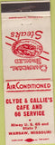Matchbook Cover - Clyde Callie's Cafe 66 oil gas Warsaw MO WEAR