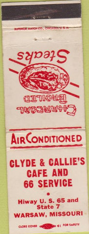 Matchbook Cover - Clyde Callie's Cafe 66 oil gas Warsaw MO WEAR