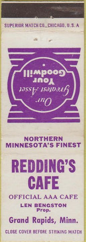 Matchbook Cover - Redding's Cafe Grand Rapids MN