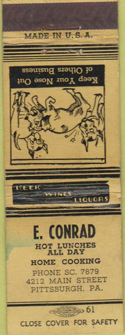Matchbook Cover - E Conrad Restaurant Pittsburgh PA STAINED girlie back