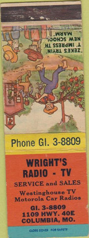 Matchbook Cover - Wright's Radio Tv Columbia MO hillbilly WEAR