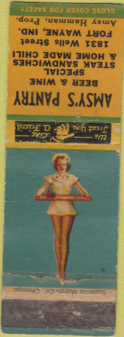 Matchbook Cover - Amsy's Pantry Fort Wayne IN pinup TAPED WORN