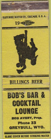 Matchbook Cover - Bob's Bar Lounge Greybull WY cowboy WEAR