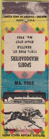 Matchbook Cover - Sports Headquarters Seattle WA horse racing WORN