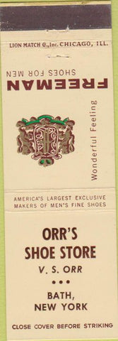 Matchbook Cover - Freeman men's shoes Bath NY Orr's