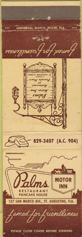 Matchbook Cover - Palms Restaurant Pancake House St Augustine FL