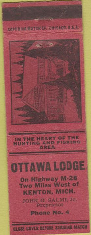 Matchbook Cover - Ottawa Lodge Kenton MI low phone # red