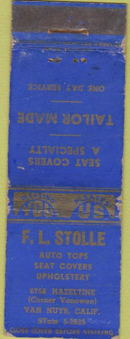 Matchbook Cover - FL Stolle Car Tops Seat Covers Van Nuys CA  WORN