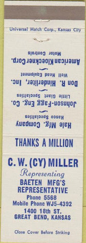 Matchbook Cover - CW Miller Baeten Manufacturing Great Bend KS