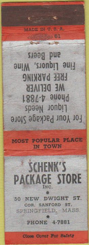 Matchbook Cover - Schenk's Package Store Liquor Springfield MA WEAR