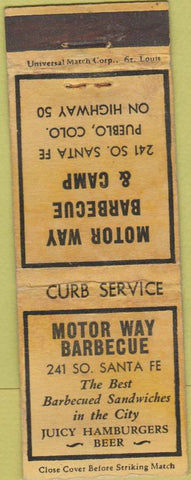Matchbook Cover - Motor Way BBQ Hamburgers Pueblo CO WEAR