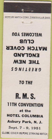 Matchbook Cover - RMS Convention Asbury Park Hotel Columbia NJ white 1951