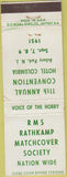 Matchbook Cover - RMS Convention Asbury Park Hotel Columbia NJ White WEAR