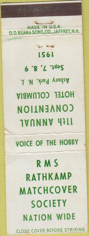 Matchbook Cover - RMS Convention Asbury Park Hotel Columbia NJ White WEAR