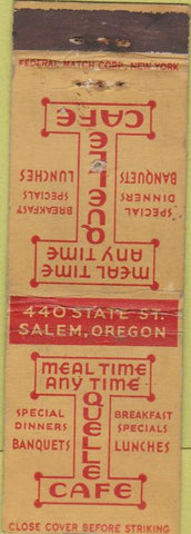 Matchbook Cover - Quelle Cafe Salem OR Federal long WORN PINHOLE