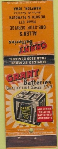 Matchbook Cover - Grant Batteries Hampton IA De Soto Plymouth