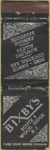 Matchbook Cover - Bixby's Wood Ridge NJ deco BBQ bowling WORN