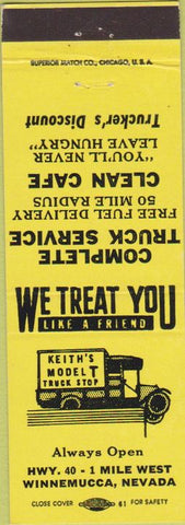 Matchbook Cover - Keith's Model T Truck Stop Winnemucca NV