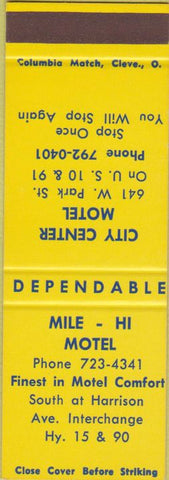Matchbook Cover - Mile Hi Motel NO TOWN SAMPLE