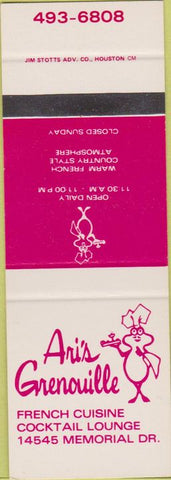 Matchbook Cover - Ari's Grenouille French Restaurant Houston TX SAMPLE