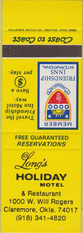 Matchbook Cover - Long's Holiday Motel Claremore OK SAMPLE