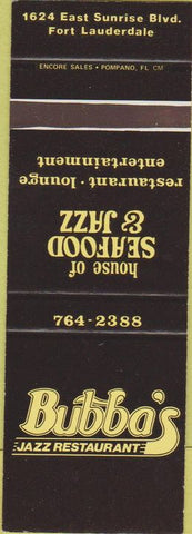 Matchbook Cover - Bubba's Jazz Restaurant Fort Lauderdale FL SAMPLE