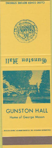 Matchbook Cover - Gunston Hall George Mason's home Lorton VA SAMPLE