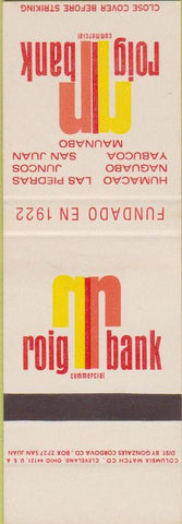 Matchbook Cover - Roig Bank Humacao Naguabo Yabucoa Juncos Puerto Rico SAMPLE
