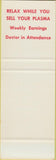 Matchbook Cover - Blood Plasma Donor Center Oklahoma City Tulsa OK SAMPLE