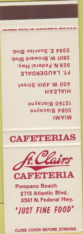 Matchbook Cover - St Clair Cafeteria Pompano Beach FL SAMPLE Hialeah