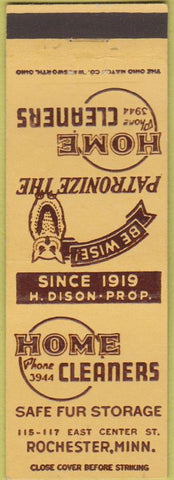 Matchbook Cover - Home Cleaners Fur Storage Rochester MN owl