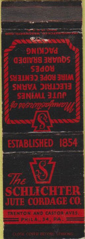 Matchbook Cover - The Schlichter Jute Cordage Co Philadelphia PA wire rope