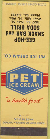 Matchbook Cover - Pet Ice Cream Gee Hop Snack Bar West Allis WI