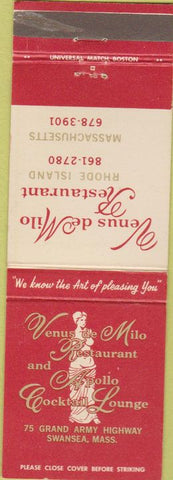 Matchbook Cover - Venus De Milo Restaurant Swansea MA