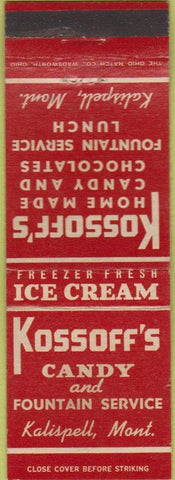 Matchbook Cover - Kossoff's Home Made Candy Kalispell MT Ice Cream