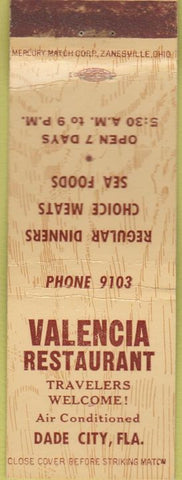 Matchbook Cover - Valencia Restaurant Dade City FL WEAR