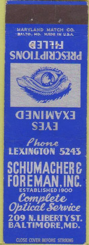 Matchbook Cover - Schumacher Foreman Optical Service Baltimore MD
